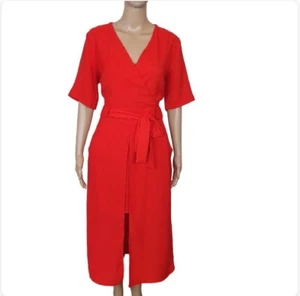 River Island dress Sze 14 red split belted wrap cocktail formal NEW pockets - Foto 1 di 7