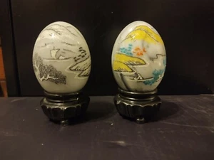 Vintage Chinese Hand-Carved Etched Painted Marble Eggs Monk Stand set of two - Picture 1 of 9