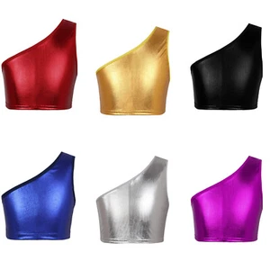 Girls Tanks Athletic Top Competition Blouse Shiny Metallic Vest Slant Crop Tops - Picture 1 of 68