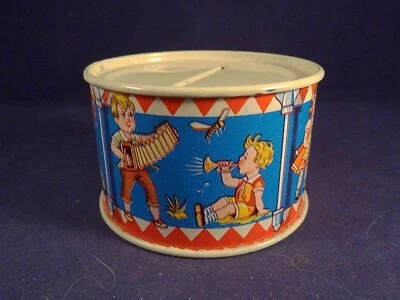 Ancien jouet tôle tirelire tambour scènes enfantines jeux musique années 50 - Photo 1/4