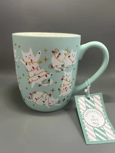 Peppermint & Pine Soft Touch Turquoise Cats And Christmas Lights Holiday Mug NEW - Picture 1 of 3