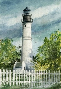 Key West Lighthouse & Fence, Florida Keys. Gerald C. Hill Watercolor Notecards - Picture 1 of 2
