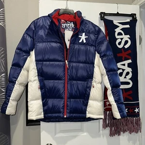 NWT Spyder Haze USA Ski Glory Down Jacket Sz Men’s L Blue White Red With Scarf - Picture 1 of 11