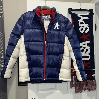 NWT Spyder 2021 USA Ski Team Glory Down Jacket Size Men L Blue White Red + Scarf - Image 1 of 4