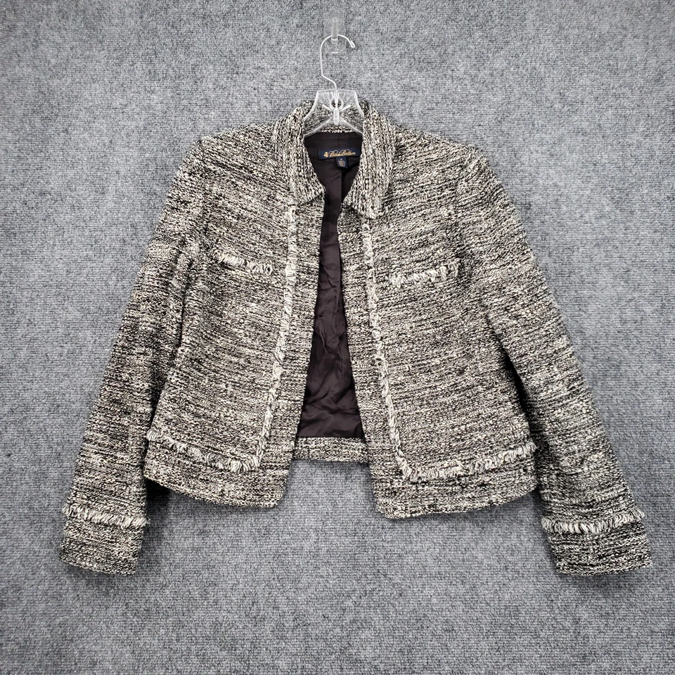 Blazer Brooks Brothers para mujer 10 gris tweed lana flecos frente abierto manga larga Foto 1 de 4