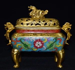 7.3″Exquisite copper Cloisonne enamel dragon statue gilt Two ears Incense burner - Picture 1 of 9