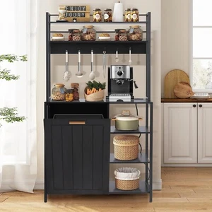 Bakers Racks Kitchen Microwave Stand Cabinet with Trash Can Bin Cabinet - Picture 1 of 7