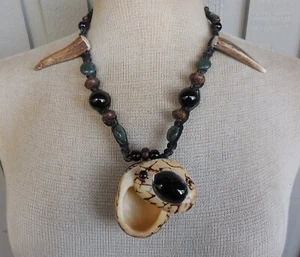 Tagua Nut Stash Hemp Necklace Onyx Inlay Kambala Jasper Cruelty Free Antler Tips - Picture 1 of 15
