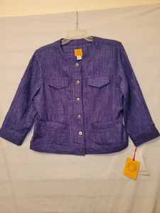 Ruby Rd Jacket 12 Cobalt Button Up Crop Pockets Textured 3/4 Sleeve NWT - Picture 1 of 21