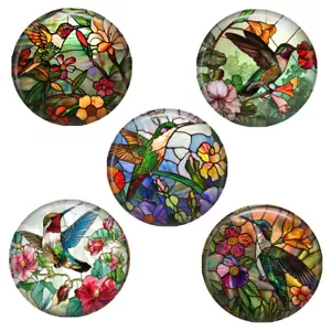 SET OF 5 Hummingbird Magnets Faux Stained Glass Art Print Button Style 1.25" - Picture 1 of 1