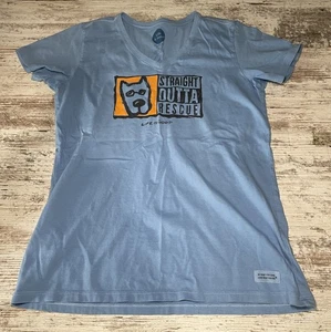 Life is Good Womesn Sz M Straight Outta Rescue Blue Crusher T Shirt V-Neck - Picture 1 of 5