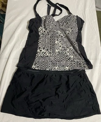 Catalinia Black/White Geometric Swimsuit 2 piece set(Large 12-14) Halter/Skirt - Image 1 of 4