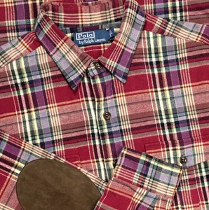 Vtg Polo Ralph Lauren Shirt Mens L Plaid Button Up Flannel Elbow Patch Hunting - Picture 1 of 16