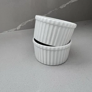 Crate & Barrel Set Of 2 Ramekins Soufflé Cups White Ribbed Porcelain Small - Picture 1 of 5