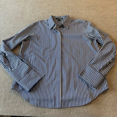 Ralph Lauren LRL Shirt Womens L Blue White Striped Extended Cuff Cotton Shirt ￼ - Image 1 of 4