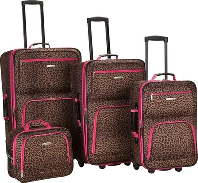 Rockland 4 Piece Luggage Set Softside Expandable 14" 29" 24" 28" Pink Leopard - Image 1 of 4