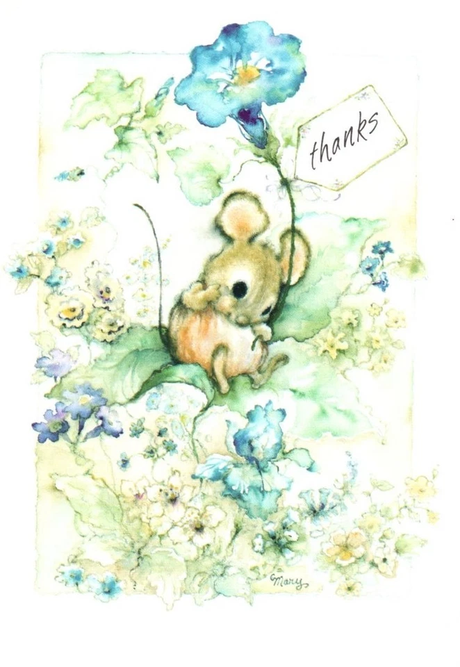 Tarjeta de felicitación vintage Thank You Mary Hamilton ratón marrón flor azul sello Foto 1 de 3