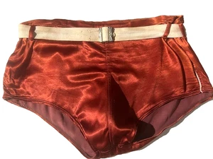 Rare 50s Mens Red Satin Swim Brief Belted Bathing Trunks Swimsuit sz M Vtg - Picture 1 of 9