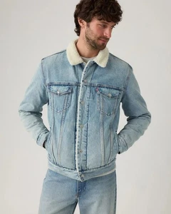 Levis Premium Type III Sherpa Trucker Jacket Jean Denim Kentucky Blue Light Wash - Picture 1 of 7
