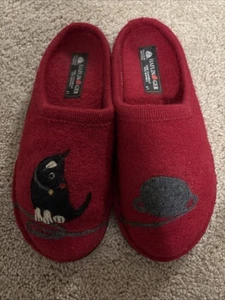 100% reine Wolle Damen Hausschuhe von Haflinger Gr. 41 rot mit Katze sehr guter Zustand - Bild 1 von 7