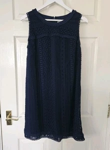 Boden Broderie Anglaise Dress Size 12 Navy Lined Back Zip 100% Cotton - Picture 1 of 11