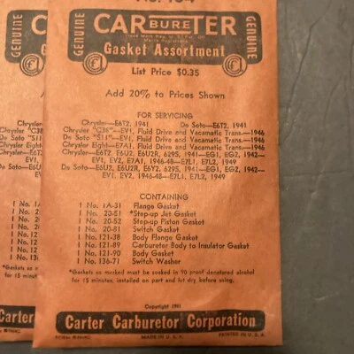 Ремонтный комплект карбюратора 1941-1949 Mopar Chrysler Desoto Plymouth Carter No. 164 - Изображение 1 из 2