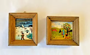 2 deutsche Miniatur Kunstwerke Mädchen Regen Junge Schnee HANDGEMALTES MINIATURBILD - Bild 1 von 20