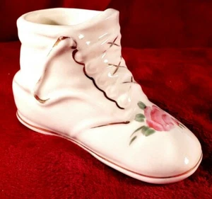Vintage Hand-painted Porcelain Baby Shoe Decorated w/ Pink Flower and Gold Trim - Picture 1 of 12