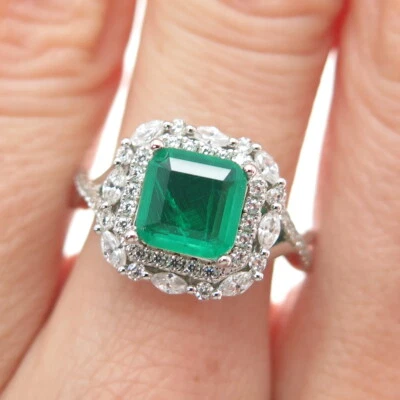 DSMK 925 Sterling Silver Real Doublet Emerald & C Z Ring Size 6.75 - Image 1 of 4