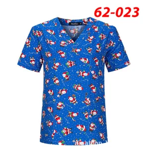 100% Cotton Unisex Cartoon Print Scrub Tops - Breathable V-Neck Short Sleeve - Picture 1 of 65