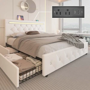 Full Queen Size Bed Frame with 4 Drawers and LED Lights and Charging Station - Picture 1 of 22
