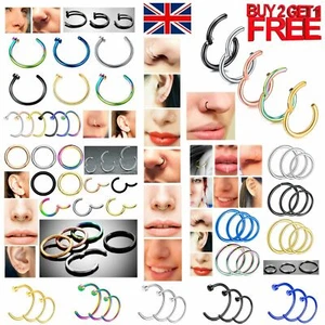 Nose Ring Cartilage Tragus Septum Helix Lip Earring Eyebrow Hoop Clicker Ear Set - Picture 1 of 42