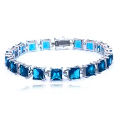 Brazalete Tenis Plata de Ley 925 Topacio Azul Corte Princesa Simulado 25 Ct 7" Foto 1 de 4