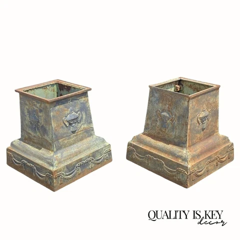 Pair Vintage Neoclassical Style Green Cast Iron Garden Planter Urn Pedestal Base Cover