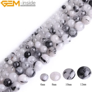 6mm 8mm 10mm Natural Black Rutilated Quartz Gemstone Round Beads Strand 15" - Picture 1 of 36