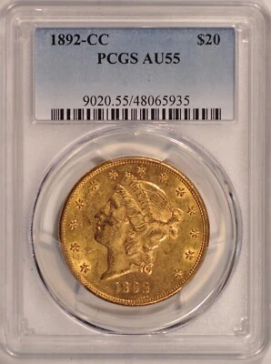 Moneda de oro doble águila 1892-CC $20 GRADUACIÓN PROFESIONAL AU55 moneda acuñada Carson City anterior a 1933 Foto 1 de 4