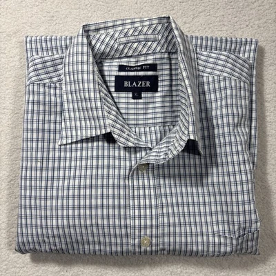 Blazer Men's White Blue Check Short Sleeve Classic Fit Shirt Size XL - Image 1 of 4