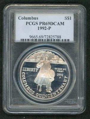 1992-P Columbus Proof Silver $1 PCGS PR69DCAM - Image 1 of 2