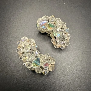 Vintage Kristall Clip auf Ohrringe klare Perlen Aurora Borealis Halbmond Urlaub 1,5" - Bild 1 von 6