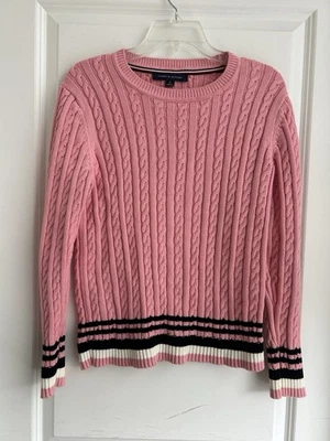 Suéter Tommy Hilfiger Para Mujer Rosa Cuello Redondo Tejido con Cable Talla M 100% Algodón Preppy Foto 1 de 4