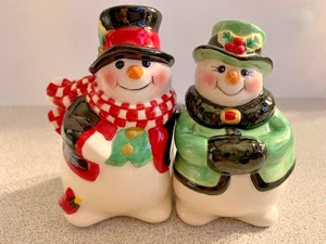 Muñeco de nieve de cerámica artesanal vintage Fitz & Floyd sal y pimienta agitadores - con caja - Imagen 1 de 20