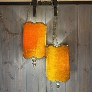 Pair Of VTG 60’s Loop Chain Hanging Burnt Orange Felt Lamps 17” MCM VG ~ WORKING - Picture 1 of 19