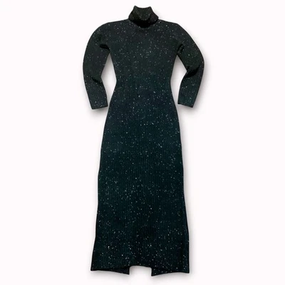 Maxi Vestido Impressions Negro Brillante Acanalado Cuello Alto Abertura Talla S Foto 1 de 4