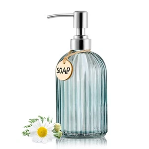 16OZ Fashion Stripe Clear Glass Refillable Soap Dispenser with 304 Stainless ... - Picture 1 of 6