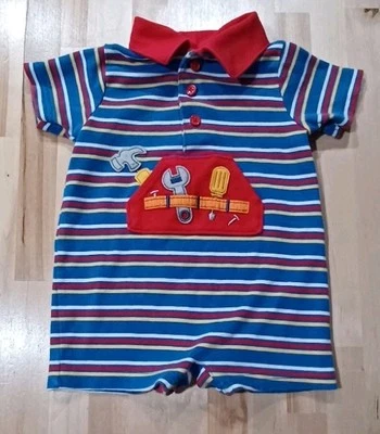Vintage 1990s Okie Dokie Romper Baby Boy Size 6-9 Months Handyman Tools Blue  - Image 1 of 4