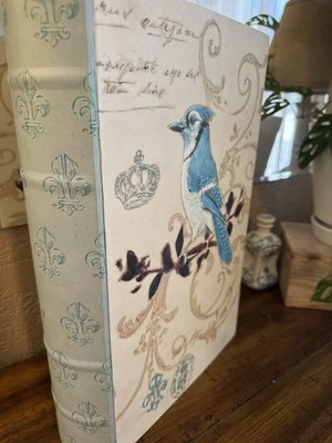 15" French Country Bird Fleur De Lis Faux Book Box Storage Blue Green Deep - Image 1 of 4