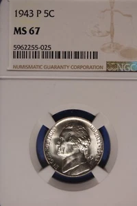 1943 P NGC 5C MS67 JEFFERSON NICKEL #B49663 - Picture 1 of 2