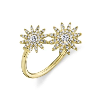 Anillo Starburst de diamantes de oro amarillo de 14K para mujer envolvente abierta cóctel minimalista Foto 1 de 4