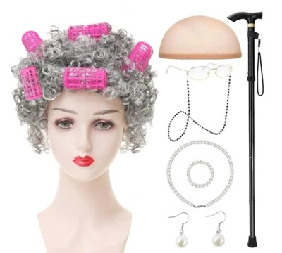 Old Lady Grandma Granny Wig Halloween Costume Set Cosplay 100 Days Of School - Image 1 of 4