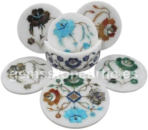Juego de Posavasos Floral Mármol Blanco con Soporte Incrustación Semi Preciosa Piedra Trabajo - Imagen 1 de 6